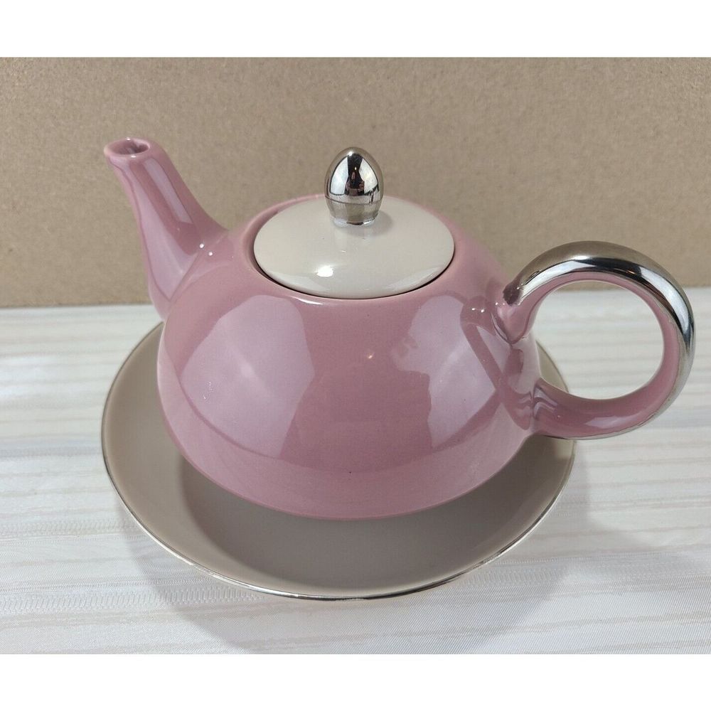 CLASSIC COFFEE & TEA Mauve & Beige Ceramic Glazed Teapot w/ Lid & Saucer Plate